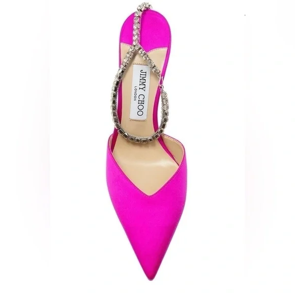 Jimmy Choo Saeda‎ 100mm Ankle Strap Pumps in Fuschia Satin with Crystal Chain - Picture 4 of 16